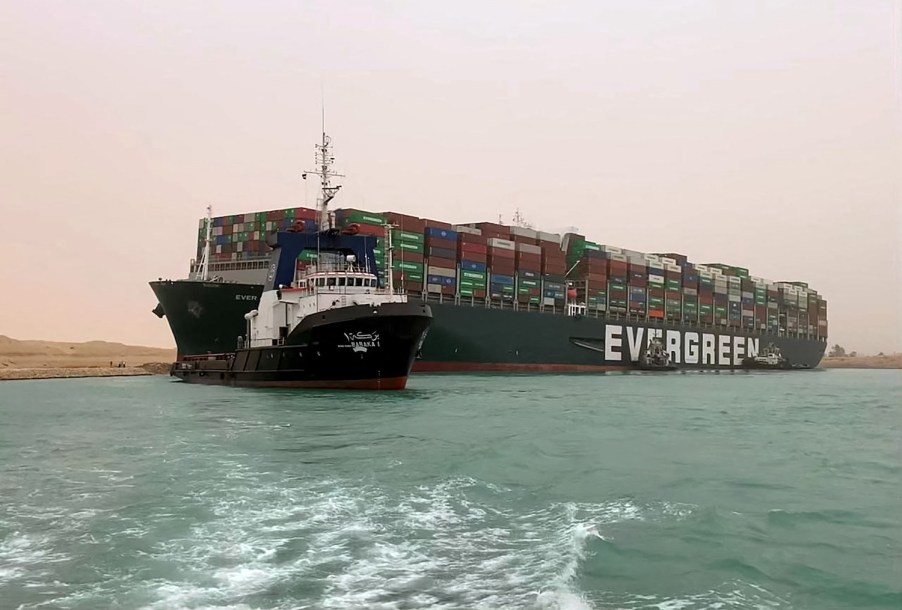 A cargo ship stuck in the Suez Canal