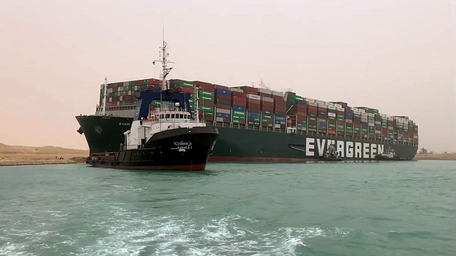 A cargo ship stuck in the Suez Canal