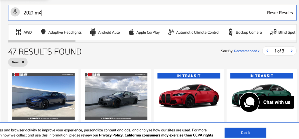 listing showing 2021 BMW M4 inventory at Crevier BMW