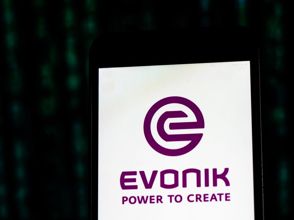 An illustration of the Evonik Industries logo as viewed on a smart phone.