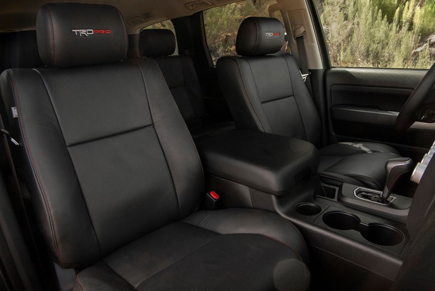the 2021 Toyota Sequoia TRD Pro interior view of the front seats with trd pro badging