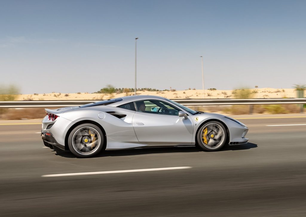 An image of a silver Ferrari F8 Tributo outdoors.