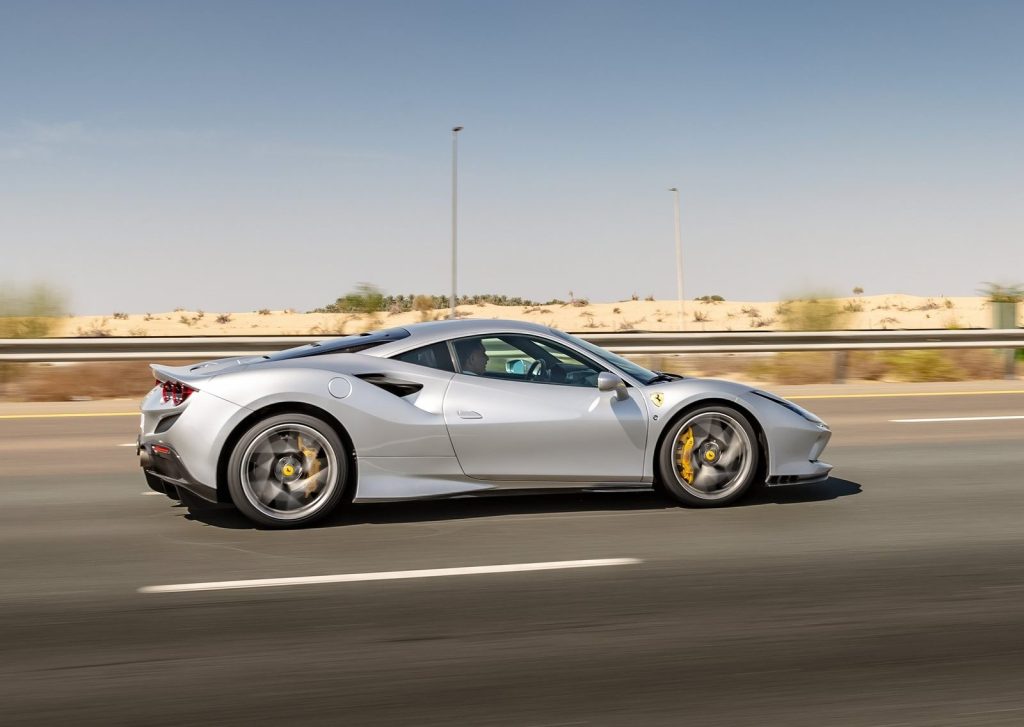 An image of a silver Ferrari F8 Tributo outdoors.