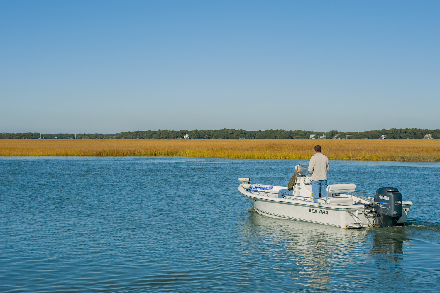 Men in a powerboat on the Intracoastal Waterway at Edisto
