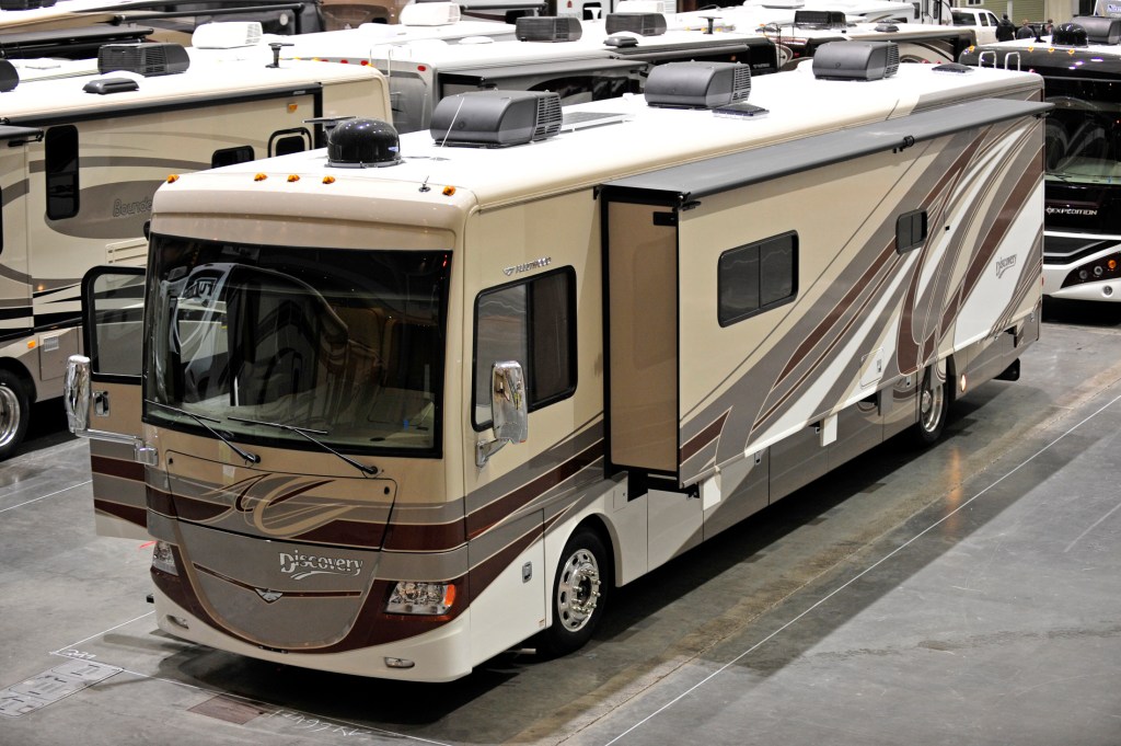 A Fleetwood Discovery is seen parked at the Boston RV & Camping Expo at the Boston Convention and Exhibition Center
