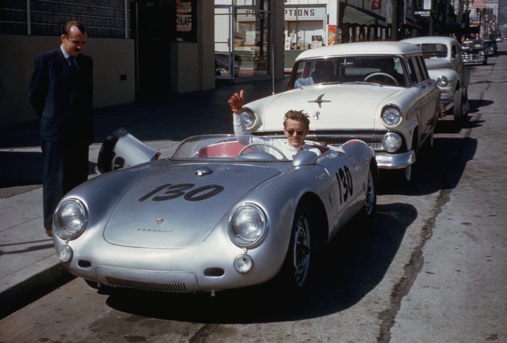 An image of a silver Porsche 550 Spyder owned by famous actor James Dean.