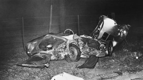An image of a silver Porsche 550 Spyder owned by famous actor James Dean.