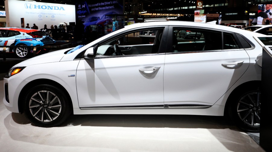 A Hyundai Ioniq on display at an auto show