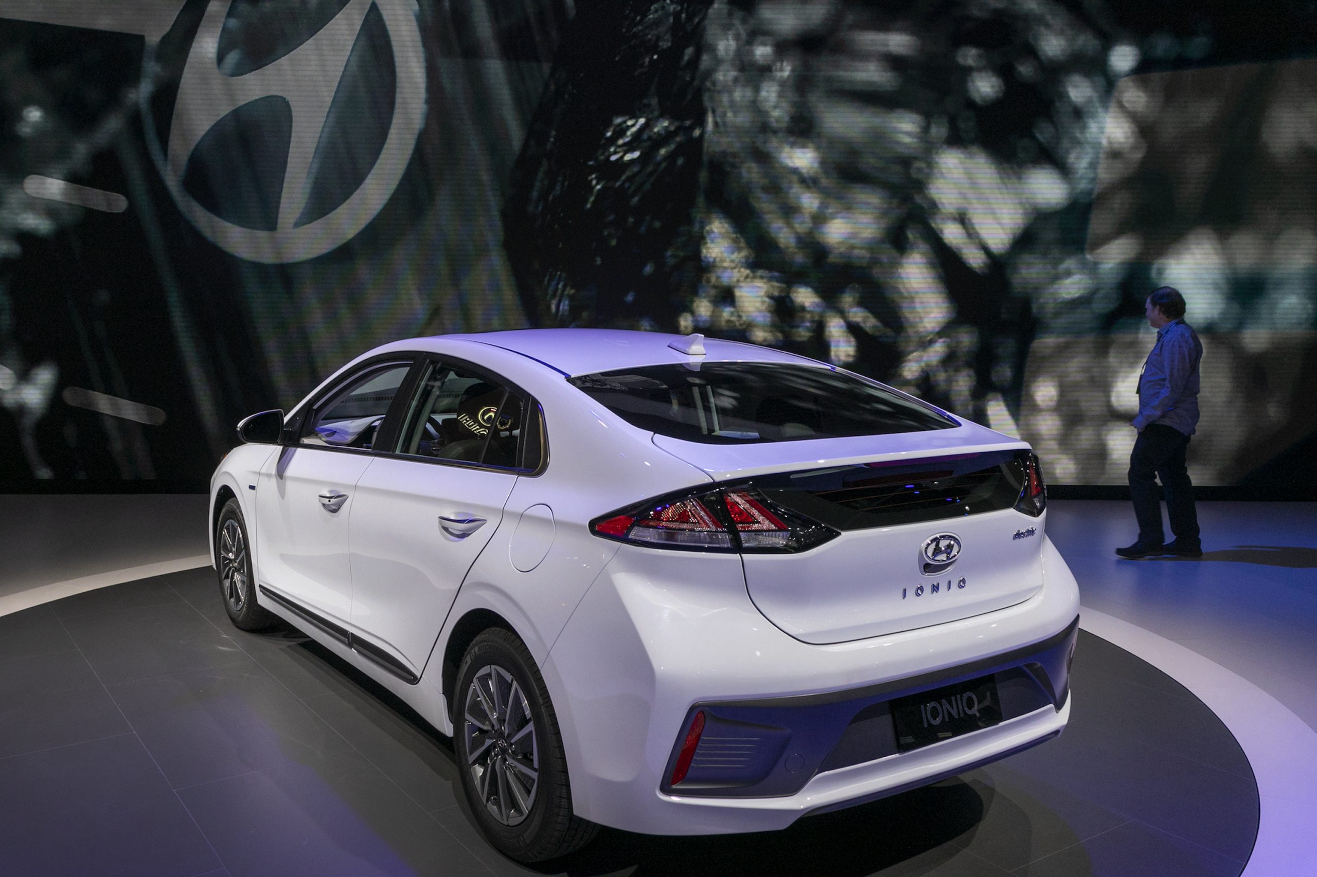 The rear of the white Hyundai Ioniq is shown at AutoMobility LA