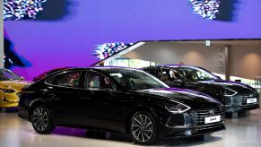 Hyundai Motor Co. Sonata sedans stand on display at the company's Motorstudio showroom in Goyang, South Korea