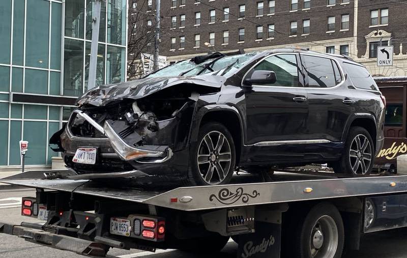 A Damaged GMC Terrain after falling for the second story