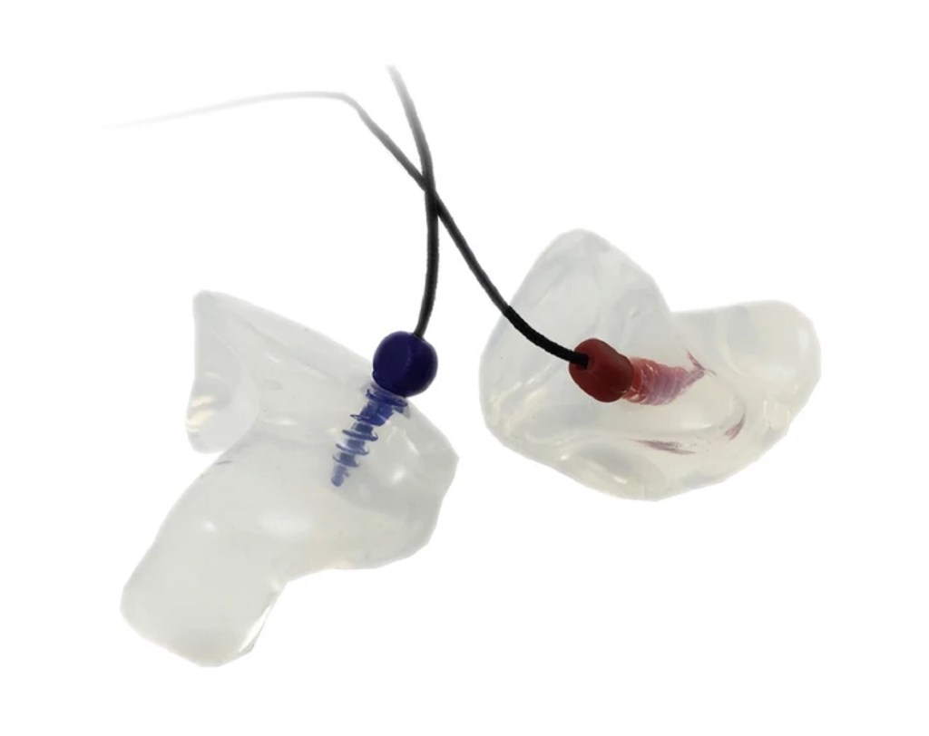 Clear silicone InEarz Sport motorcycle earplugs with a blue-and-red lanyard
