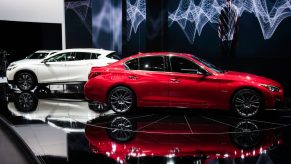 A Nissan Motor Co. Infiniti brand Q50 S vehicle, right, is displayed during the 2017 New York International Auto Show