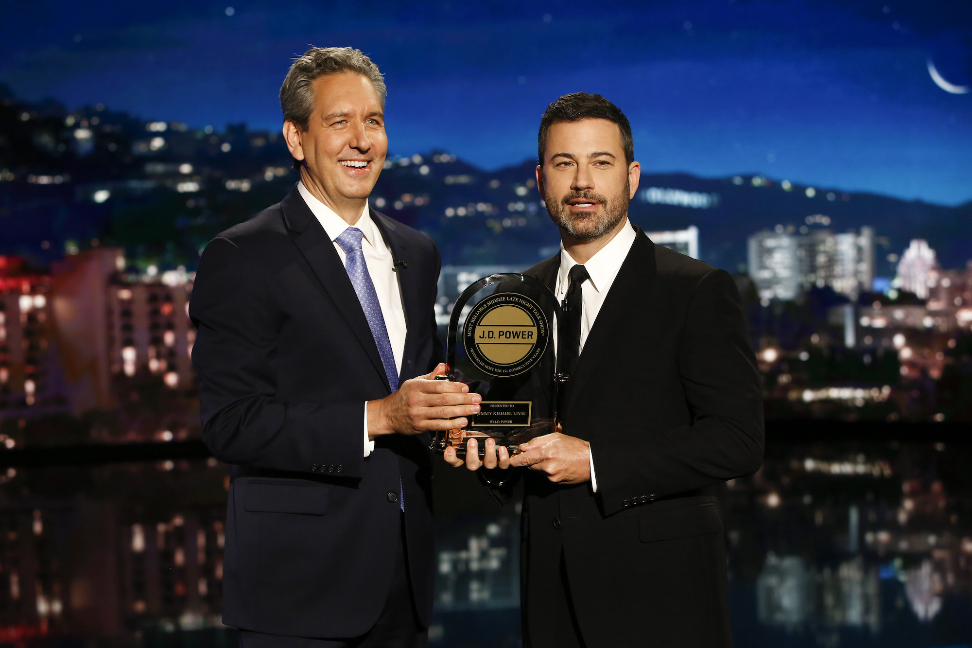 J.D. Power president and CEO Dave Habiger and TV host Jimmy Kimmel on the set of 'Jimmy Kimmel Live!' in 2018