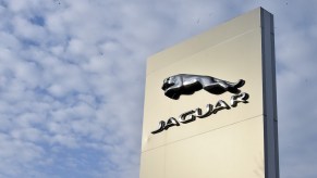 A silver Jaguar logo is seen outside Swansway Jaguar car garage on November 7, 2020, in Crewe, Cheshire, England