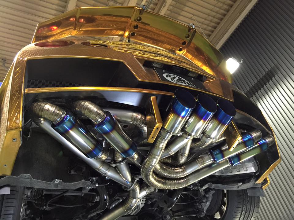 Kuhl Racing gold chrome engraved Nissan GT-R elaborate titanium exhaust system