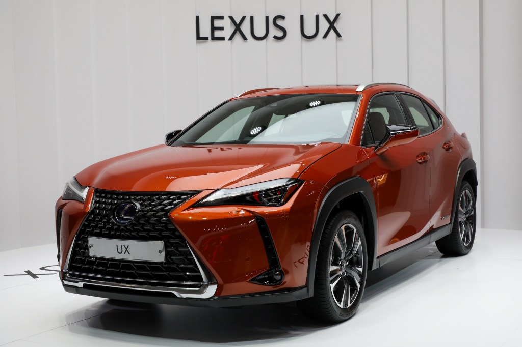 A Toyota Motor Corp. Lexus UX 250h Hybrid vehicle stands on display during the press day of the Seoul Motor Show