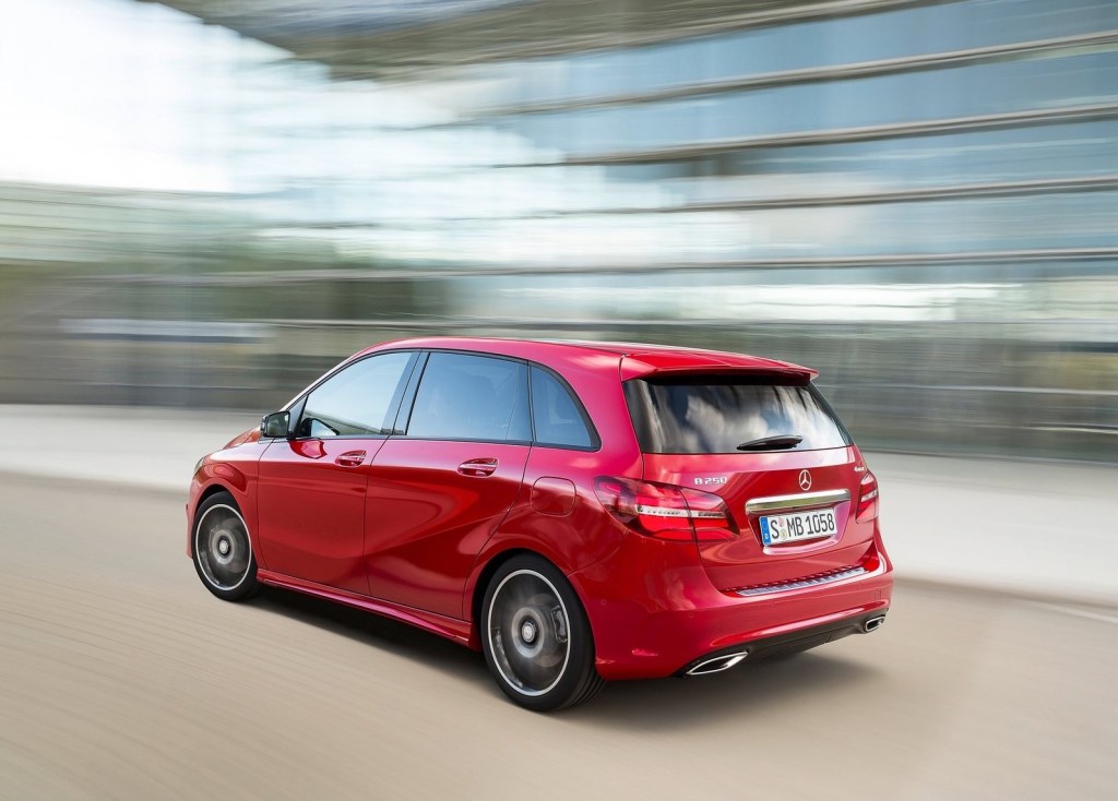 A rear shot of a 2015 Mercedes-Benz B-Class in red