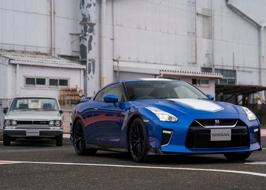 An image of a blue Nissan GT-R parked outside.