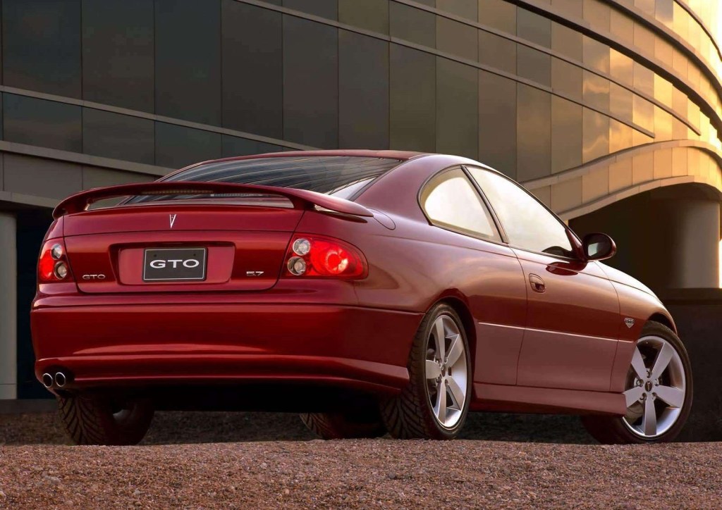 An image of a Pontiac GTO, one of many discontinued muscle cars, parked indoors.