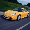 An image of a yellow Porsche 911 GT3 driving on a road.