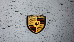 Raindrops on a Porsche logo on a car in Krakow, Poland, on January 5, 2020.