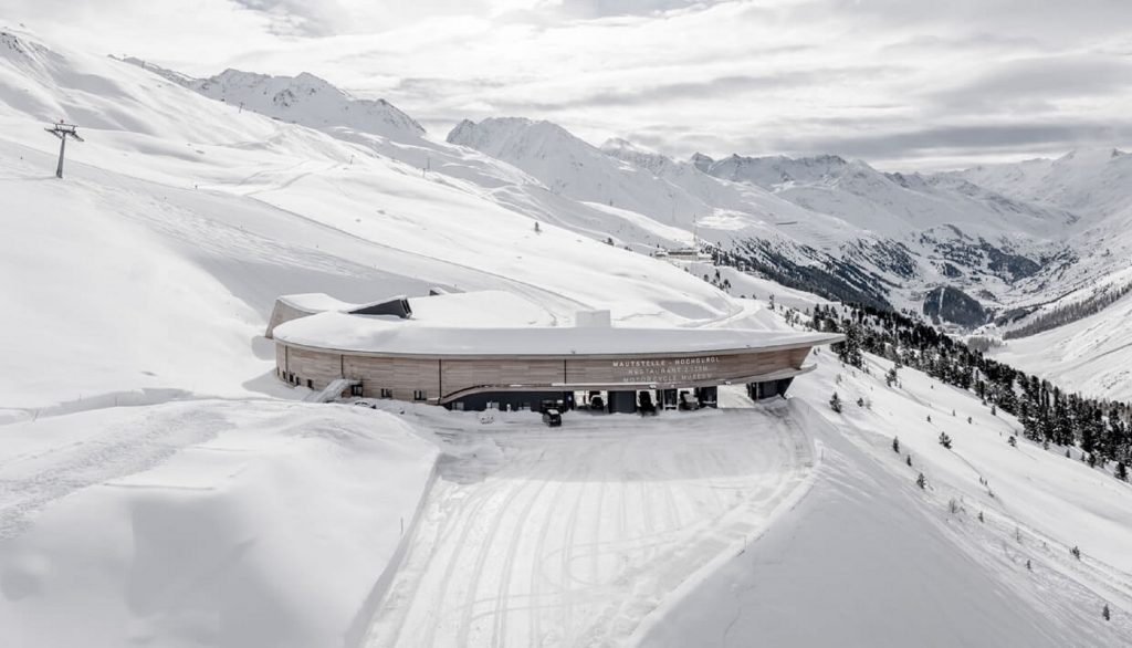 A pre-fire view of the Top Point Motorcycle Museum and Crosspoint complex in the snow-covered Alps