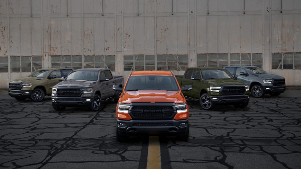 Five Ram 1500 Built to Serve Edition models parked near each other 
