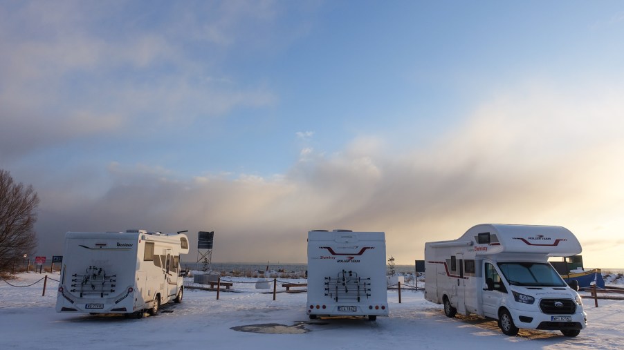 RVs parked by the sea in Mechelinki, Poland, on February 6, 2021