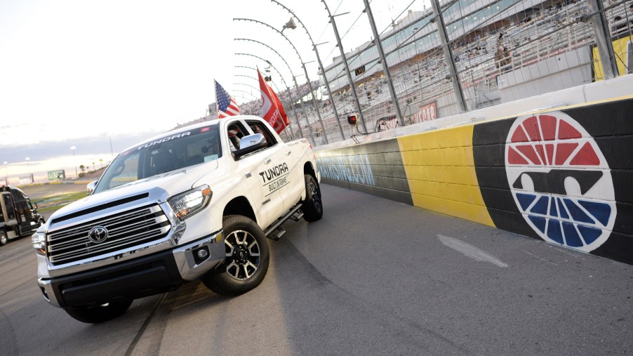The reliable Toyota Tundra sits on the Nascar track