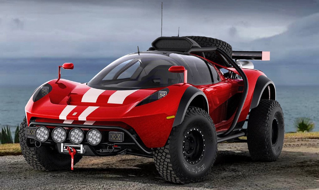 The initial render of the red-with-white-stripes SCG 008 kit car buggy