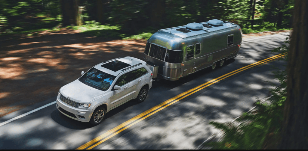 2021 Jeep Grand Cherokee towing an airstream trailer 