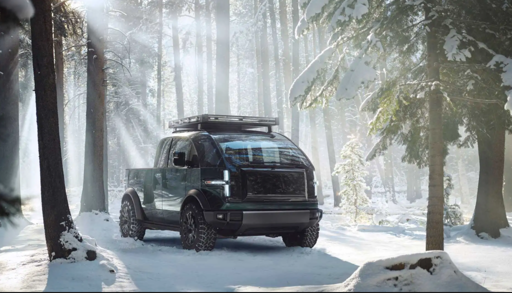 The Canoo pickup truck EV parked in snow