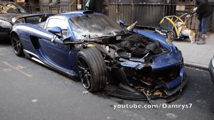 An image of a crashed Gemballa Mirage GT parked outdoors in New York City.