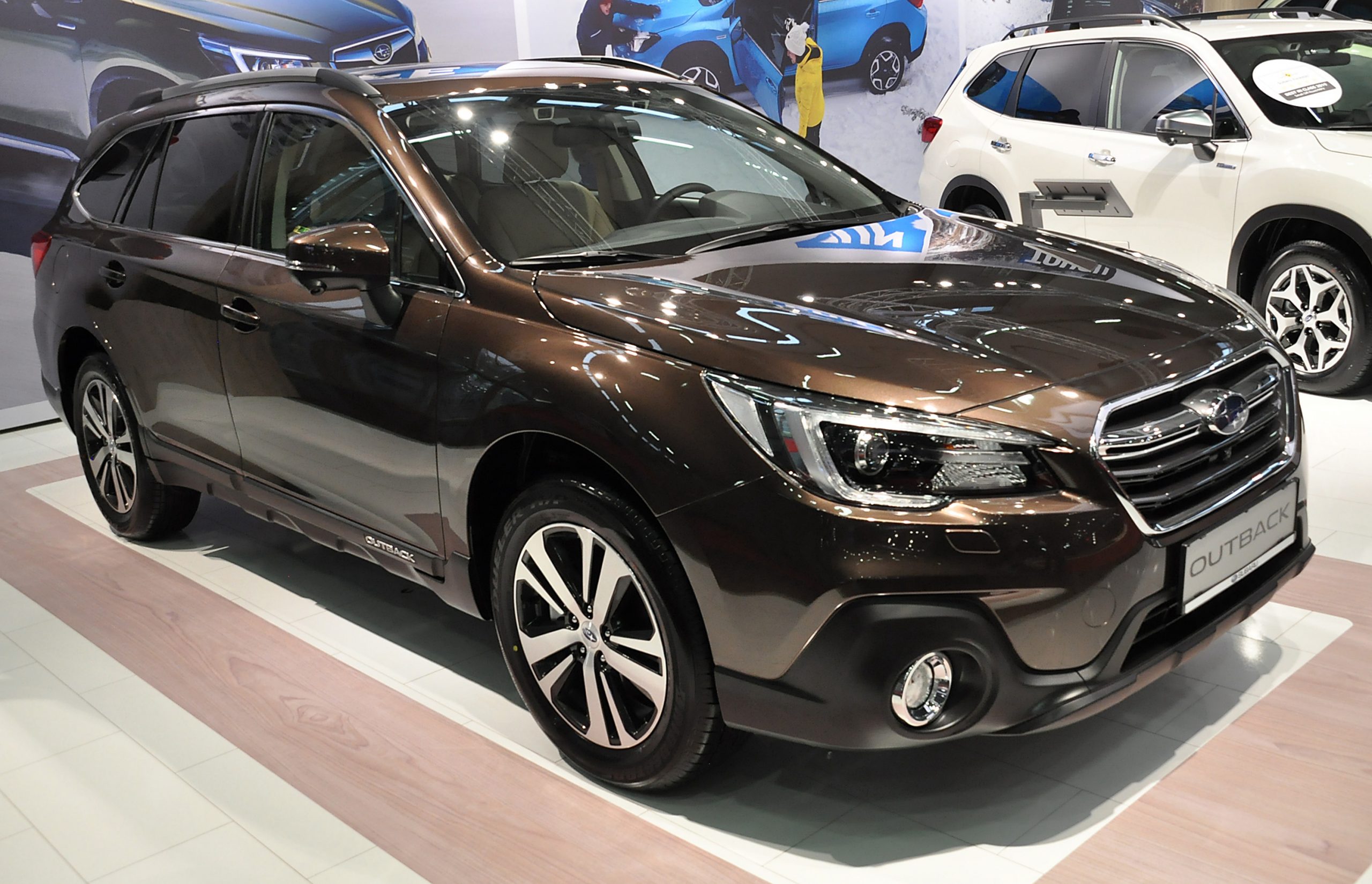 A Subaru Outback is seen during the Vienna Car Show press preview at Messe Wien, as part of Vienna Holiday Fair