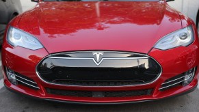 A red Tesla vehicle parked at a dealership in Miami, Florida, on January 3, 2019
