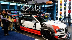 A Thule base rack, bike rack, and cargo box on display at CES consumer technology trade show at the Las Vegas Convention Center on January 7, 2017, in Las Vegas, Nevada