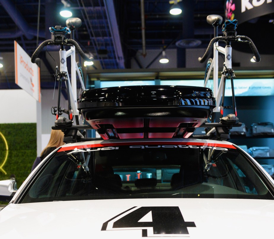 Thule base rack, bike rack, and cargo box are displayed at CES 2017 at the Las Vegas Convention Center on January 7, 2017, in Las Vegas, Nevada