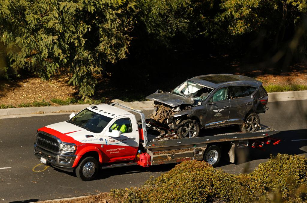 Tiger Woods accident vehicle towed away on flatbed truck