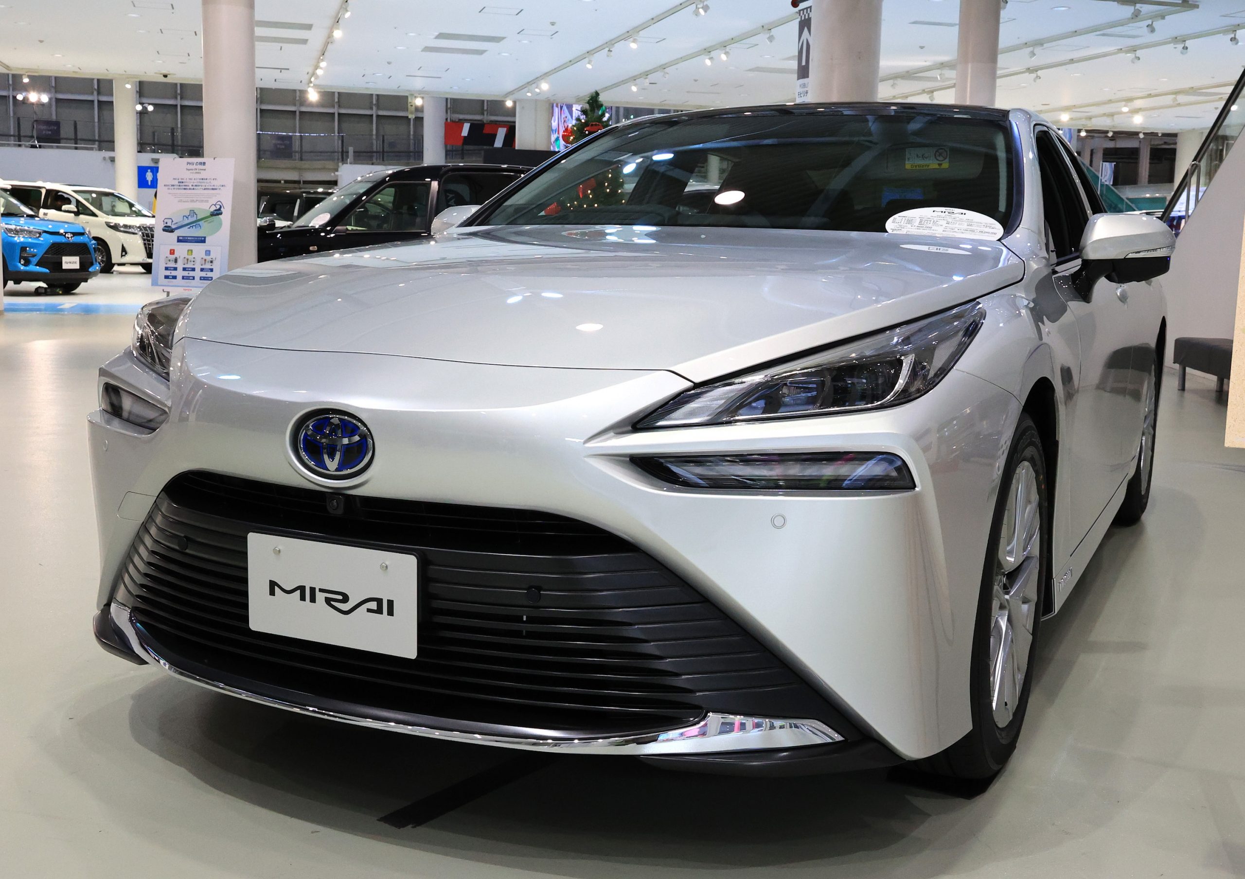 Japanese automobile giant displays the new fuel cell vehicle "Mirai" at the company's showroom in Tokyo