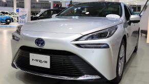 Japanese automobile giant displays the new fuel cell vehicle "Mirai" at the company's showroom in Tokyo