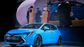 A blue Toyota Corolla XSE on display back when it was announced in 2019