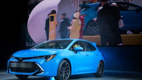 A blue Toyota Corolla XSE on display back when it was announced in 2019