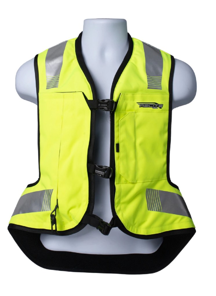 An uninflated high-vis Helite Turtle 2 airbag vest on a mannequin