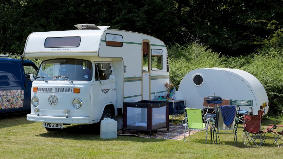 A Volkswagen RV on display at the Dubs at the Hall VW festival in Norfolk, United Kingdom