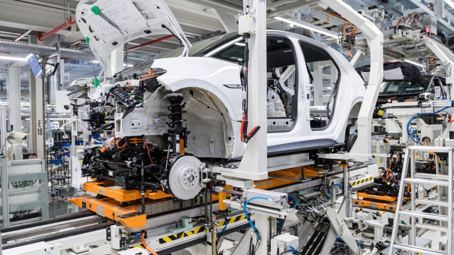 A Volkswagen electric vehicle in production at the VW factory