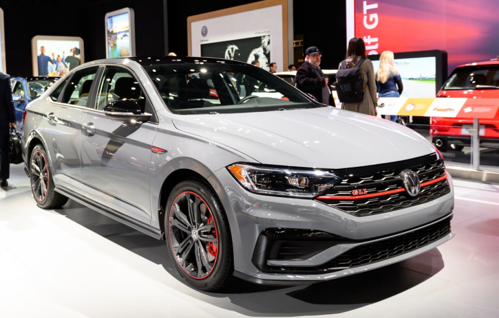 A Volkswagen Jetta on display at an auto show show show this mainstream brand brings some luxury into the equation