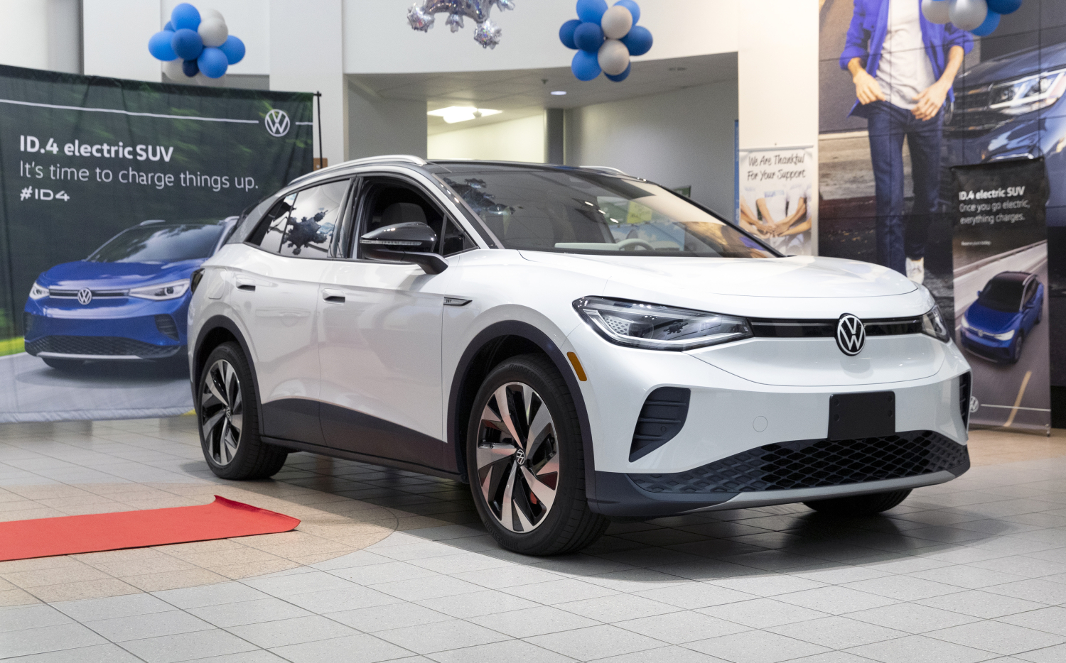 The new all-electric Volkswagen ID.4 sits on a showroom floor in California