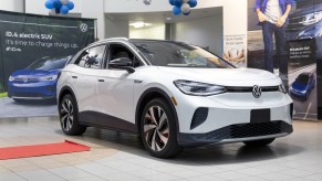 The new all-electric Volkswagen ID.4 sits on a showroom floor in California