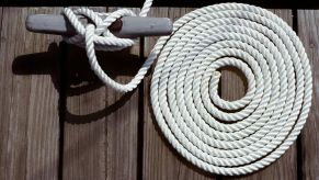 Boating accessories, a coil of rope and a tie-off